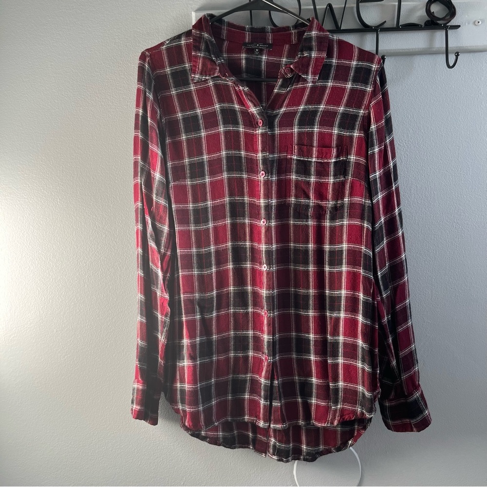 Lucky Brand Women’s Burgundy Black Plaid Button Down Shirt Size Medium
